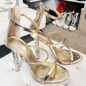 Azalia Wang, Sexy 3 Strap Gold Shoes with Bling High Heels